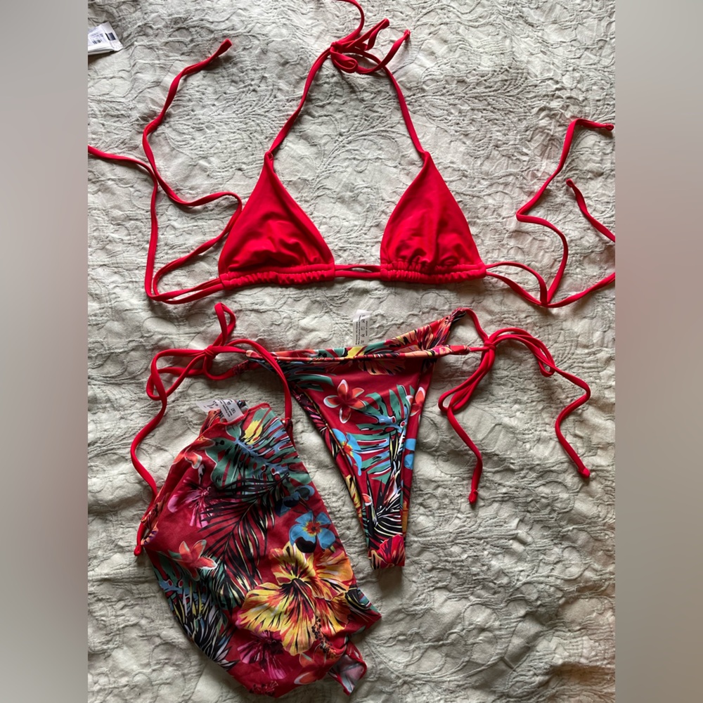 SHEIN tie string tropical bikini red with cover slip